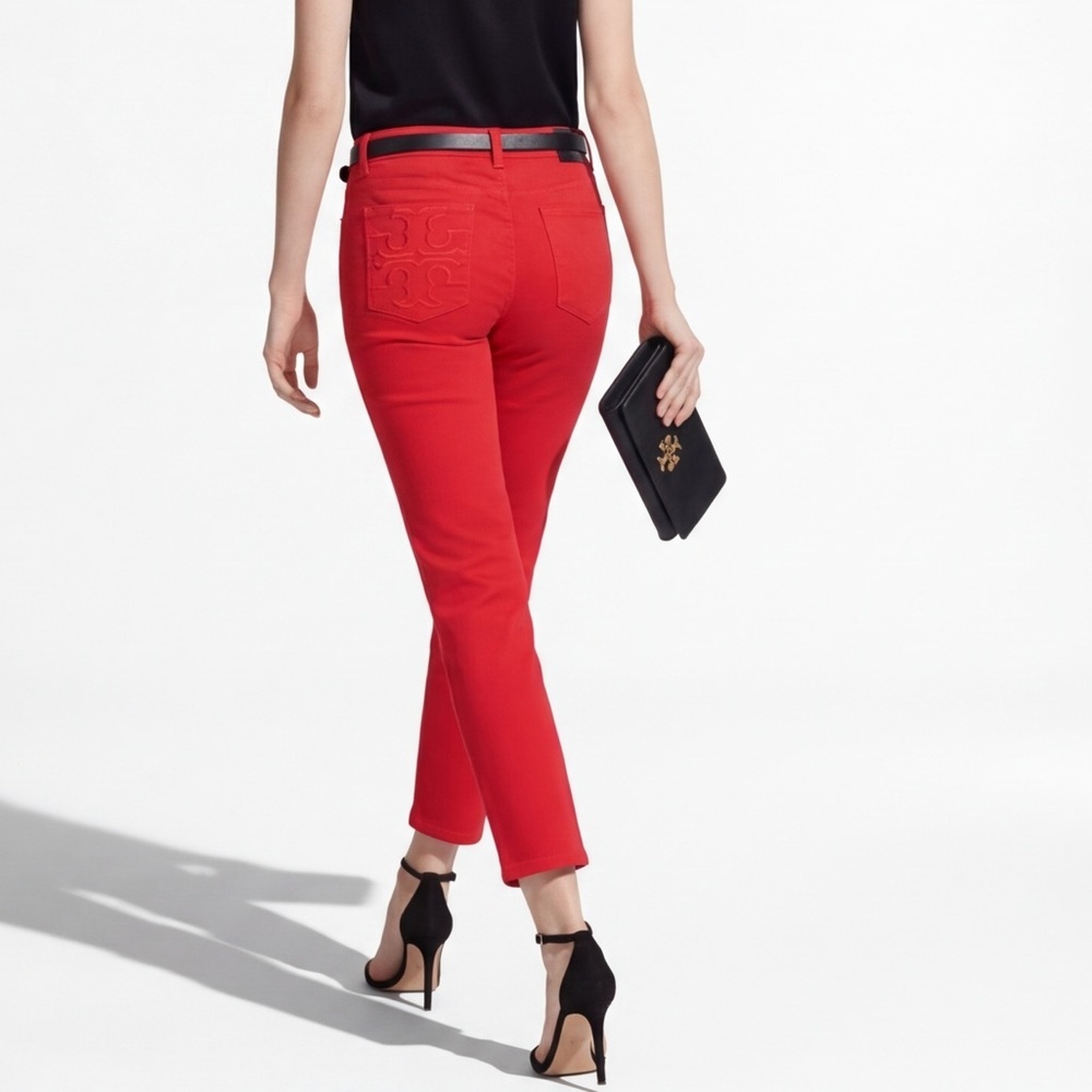 Tory Burch Red Cropped Skinny Jeans Embroidered Logo Pockets Size 26 denim NEW
